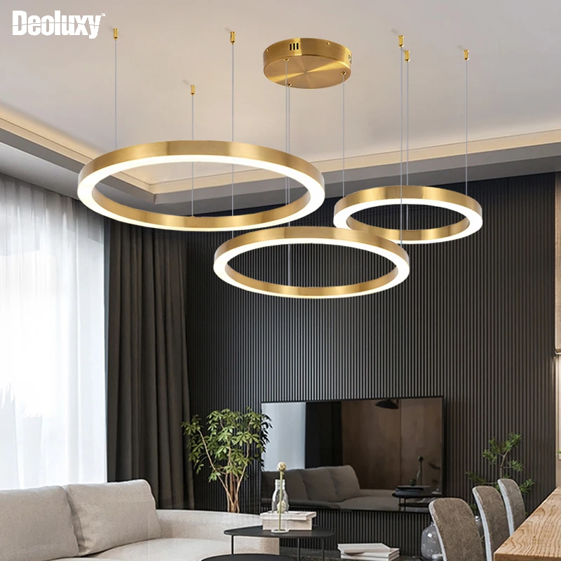 

Modern led chandelier for living room brushed gold ring hanging light fixture luxury home decor combination cricle lustre lamp