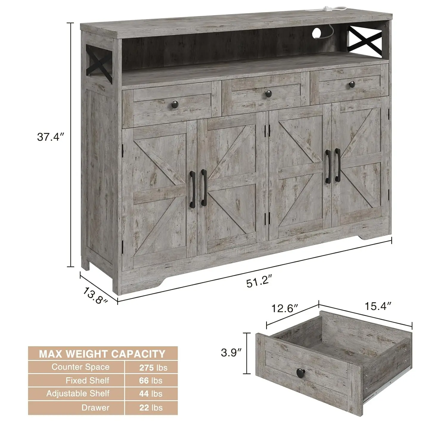 51" Farmhouse Buffet Sideboard Cabinet with Drawers and Barn Doors, Storage Cabinet with Shelf, Kitchen Pantry, Customized 6