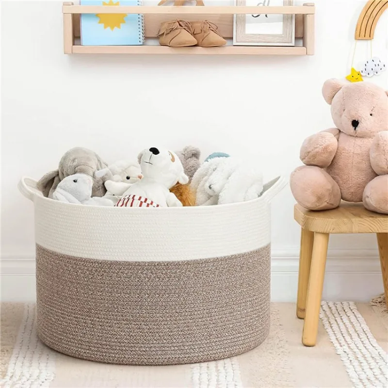 Cesto portabiancheria in corda di cotone con coperchio, resistente e flessibile, per biancheria da letto, cuscini, coperte