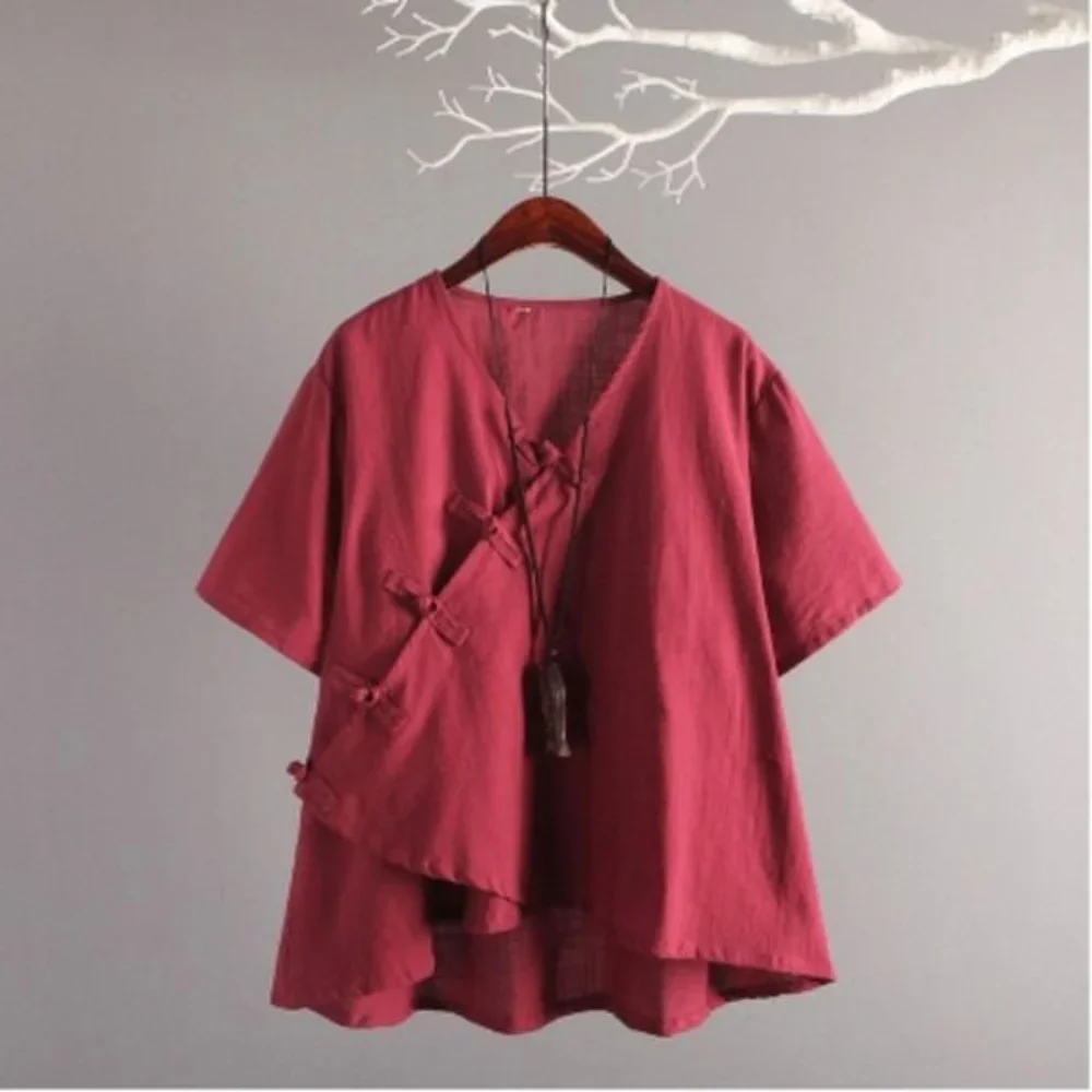 Women Hanfu Linen Shirt Oriental Top Yoga Sets Blouse Loose Wide Leg Pants Trousers Kung Fu Uniform