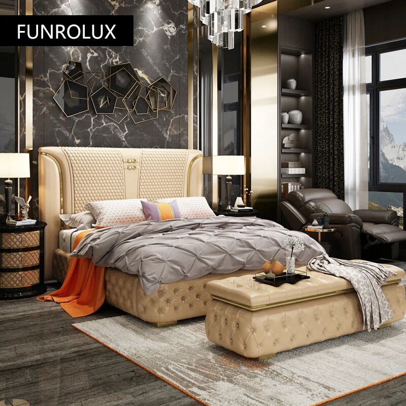 Modern leather bed leather bed luxury simple first layer cowhide double master bedroom marriage bed1.8Rice