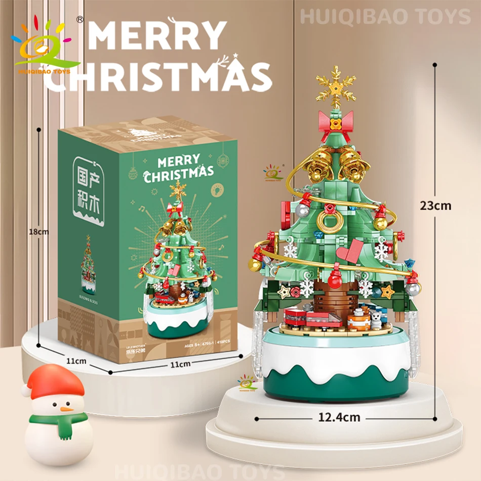 HUIQIBAO Kinder Mini Weihnachtsbaum Weihnachtsmann Spieluhr Modell Mikrosteine Baustein DIY Ziegel Spielzeug für Erwachsene Geschenk – Detail 6