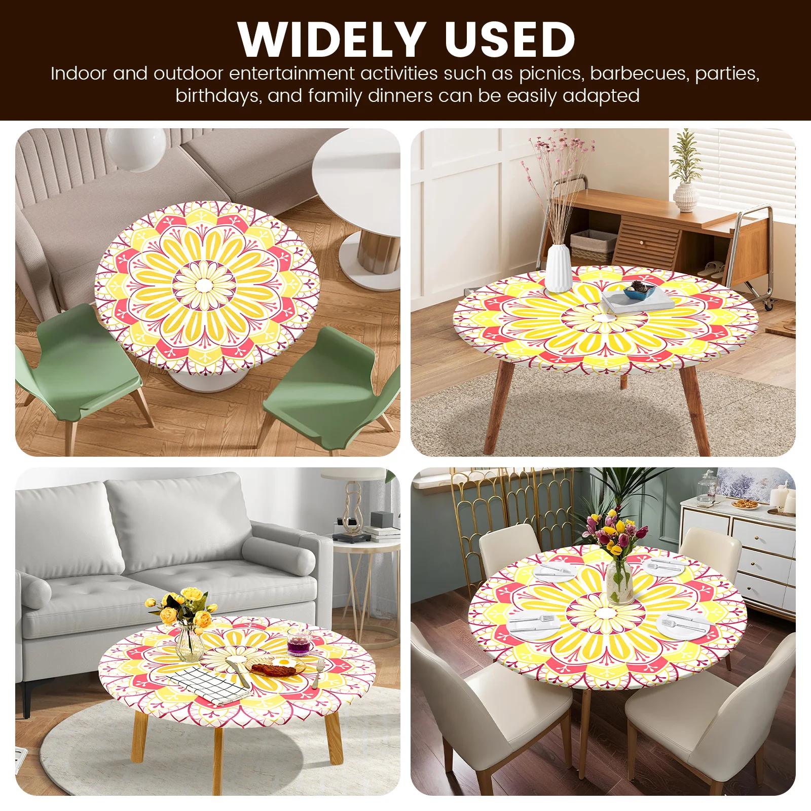 Round Tablecloth Polyester Waterproof Table Cloth with Elastic Band Decorative Printing Tablecloth for Dining Table Protection