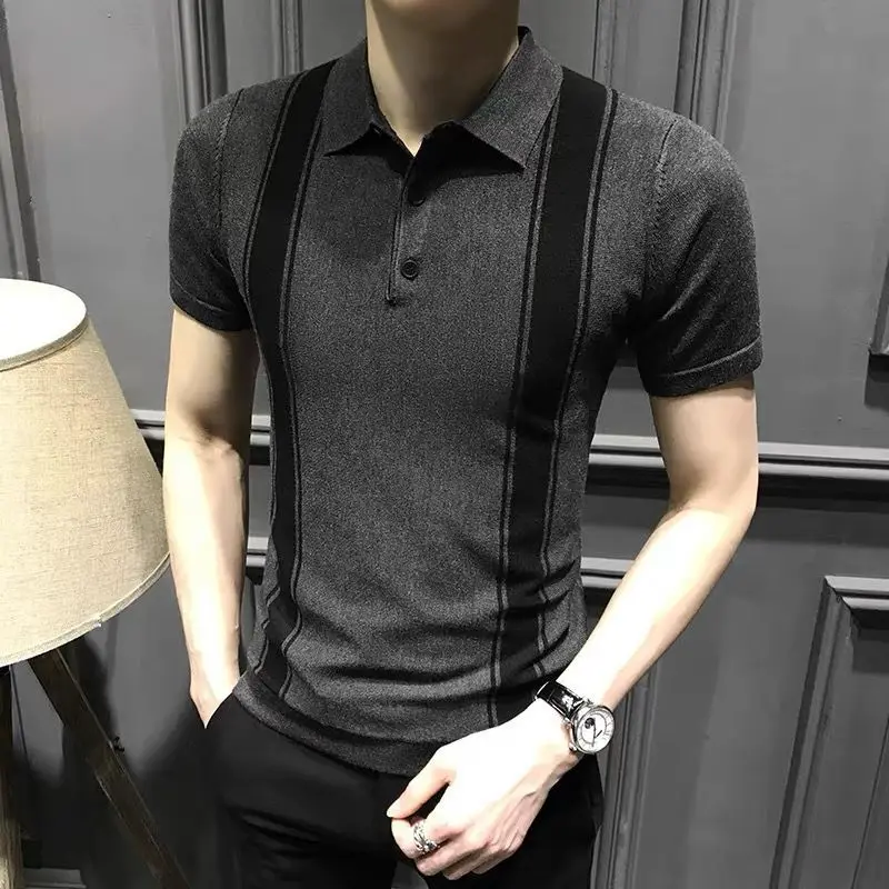 

2024 Trendy Ice Silk Shirt Summer Short Sleeve Color Block T-shirt Handsome Slim Fit Flip Collar Striped Top