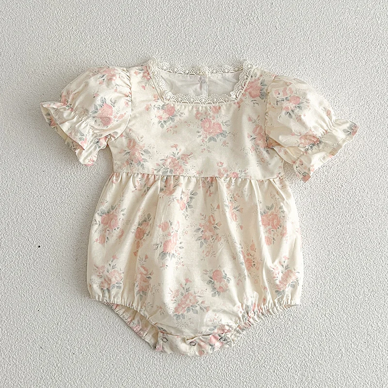 

2024 New Summer 0-24M Children Clothes Infant Baby Girls Bodysuits Short Sleeved Cotton Floral Printing Toddler Baby Jumpsuit