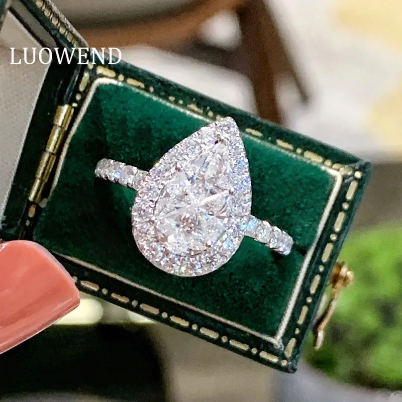 LUOWEND 100% 18K White Gold Rings Classic Pyriform Design Real Natural Diamond Ring for Women Wedding Engagement Anniversary
