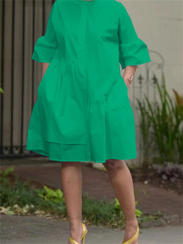 Wmstar Women Dress Solid Color Flare Sleeve Autumn Simple Shirt Casual Fashion O Neck Elegant Pocket Streetwear Female Dresses