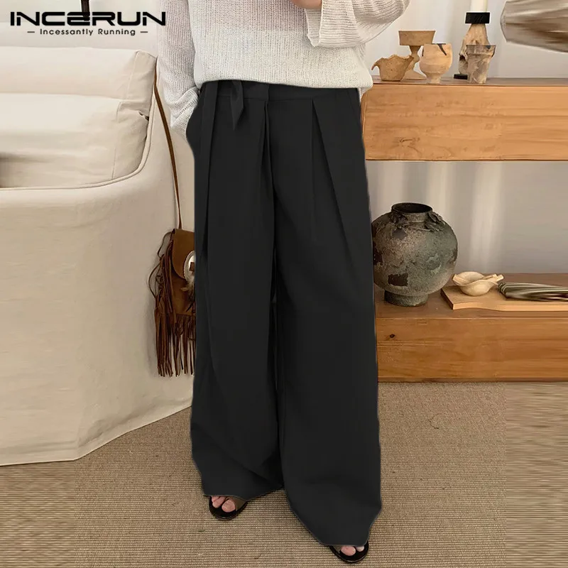 

INCERUN 2023 Korean Style New Men Trousers Thin Loose Draped Silhouette Pants Casual Solid All-match Simple Belt Pantalons S-5XL