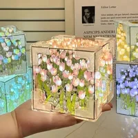 DIY Tulip Mirror Cube Lamp Simulation Flower Bedroom Sleeping Table Lamp Handmade Craft Tulip Mirror Night Light Birthday GiftS 2