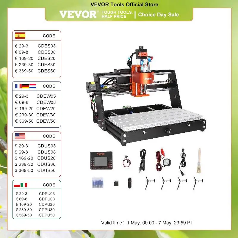 

VEVOR 60W CNC Router Machine 3 Axis GRBL Control Wood Engraving Carving Milling Machine Kit 300 x 200 x 60 mm Area 1200 RPM