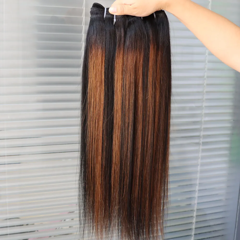 Highlight Virgin Remy Human Hair Bundle Double Weft Straight Wave 1B/30 Light Brown Piano Color Indian Human Hair Weave Black 2