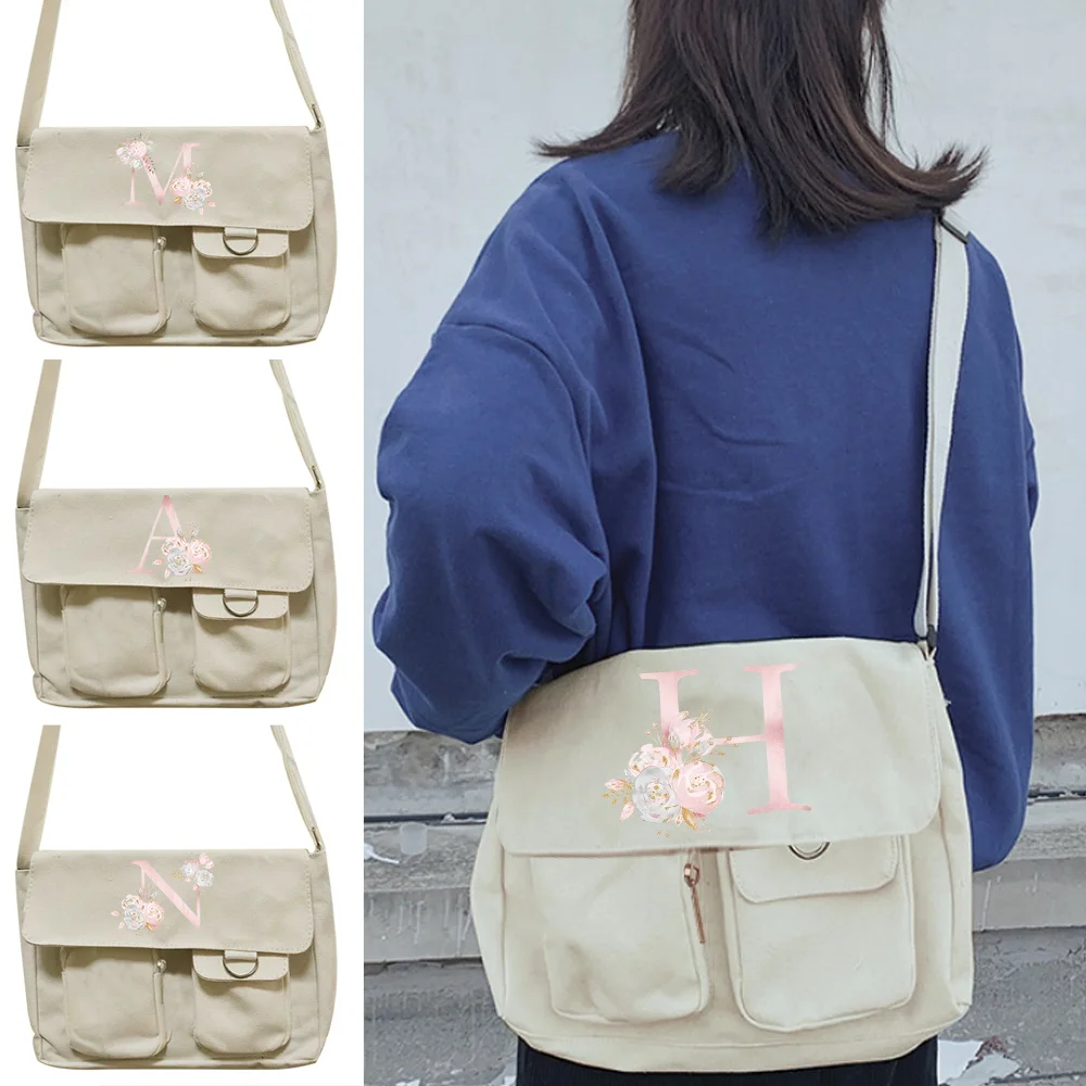 

Messenger Bag women Shopping Shoulder Large Capacity bag Unisex Simple travel Canvas Crossbody bags Pink flower Initial name