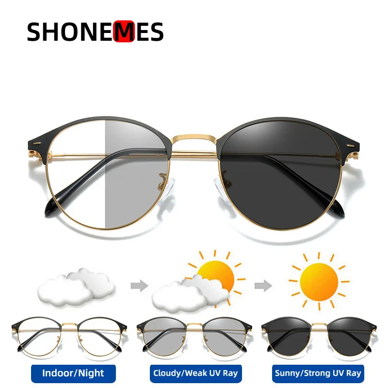 

ShoneMes Round Photochromic Glasses Anti Blue Light Eyeglasses Metal Frame Optical Computer Eyewear for Men Women