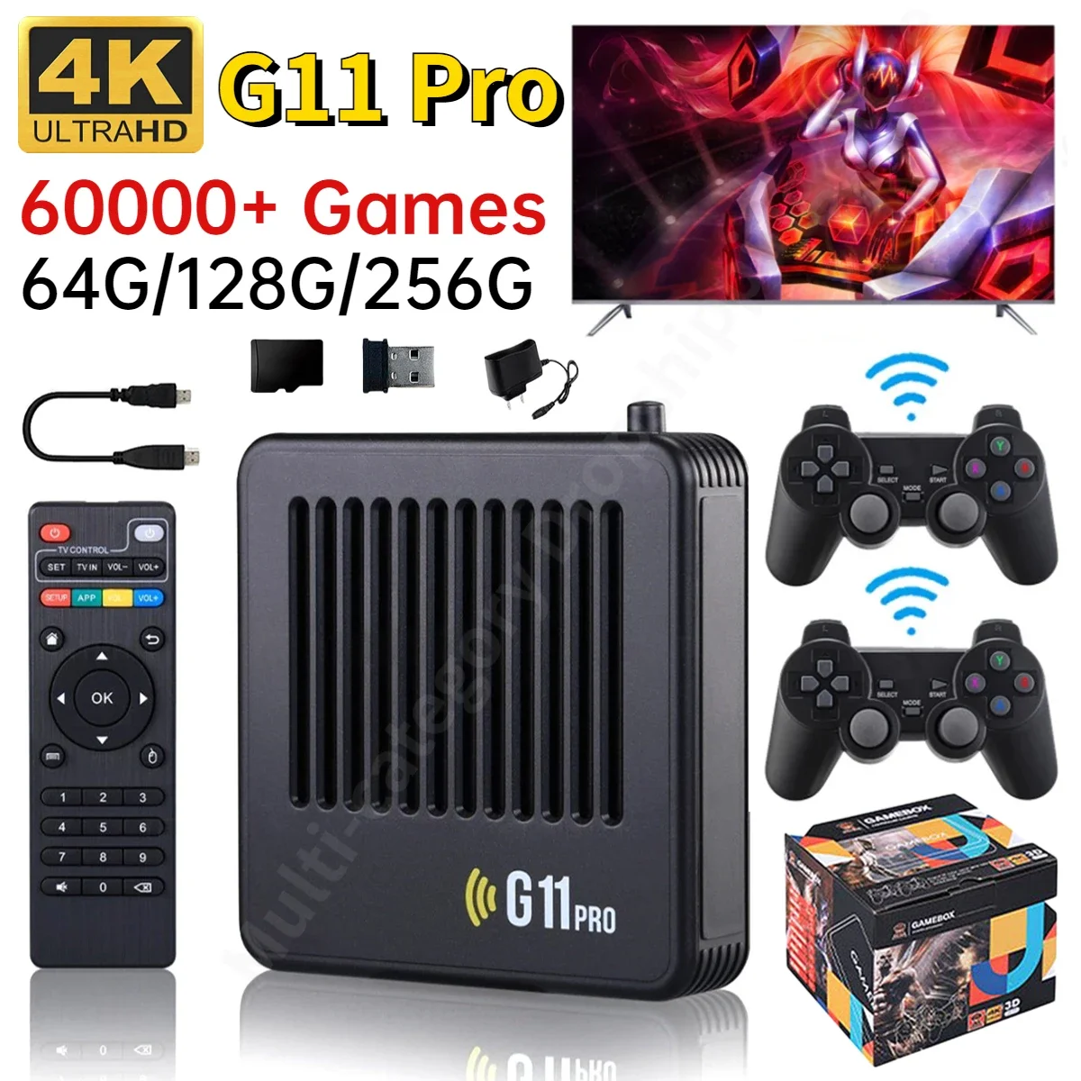 G11 Pro TV 비디오 게임 플레이어 콘솔, 듀얼 시스템 레트로 게임 플레이어 박스, 안드로이드 9.0 60000 게임 내장, 64G, 128G, 256G
