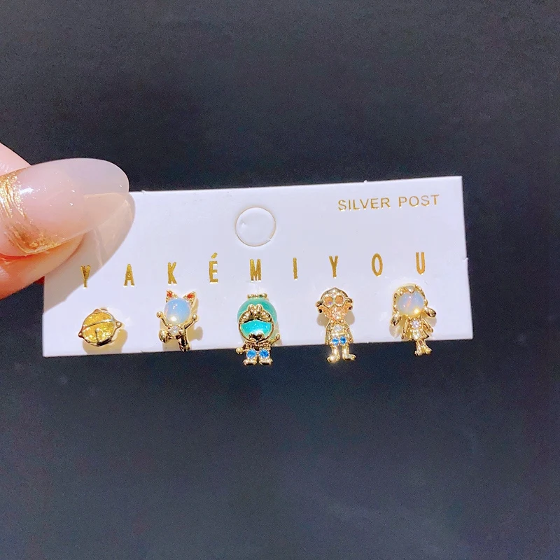 Yakemiyou 5pcs/Set Cartoon Design Stud Earrings for Women Girls Gold Color Cubic Zircon Jewelry 3