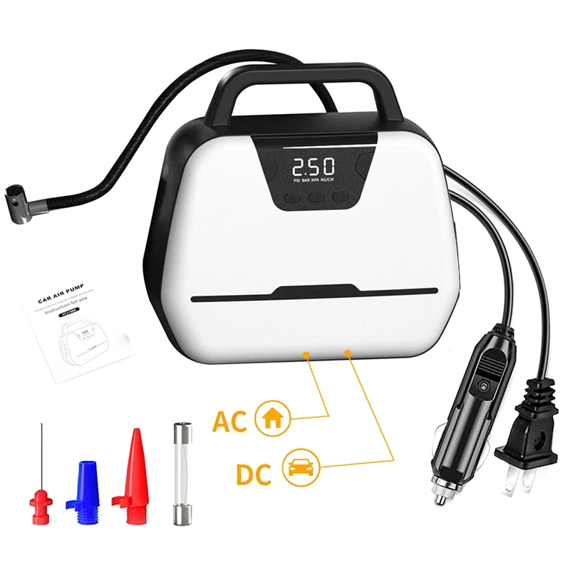 

Автомобильный воздушный компрессор, 120 фунт/кв. Дюйм, 110 Вт, высокая мощность, цифровой, для наружных лодок, дома, велосипедов, баскетбола, в, вилка стандарта США