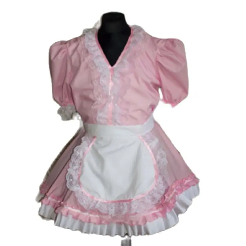 

French Hot Selling Maid Adult Sissy Lockable Dress Pink Lace Stitched V-Neck Independent Apron Role Play Costume Customization