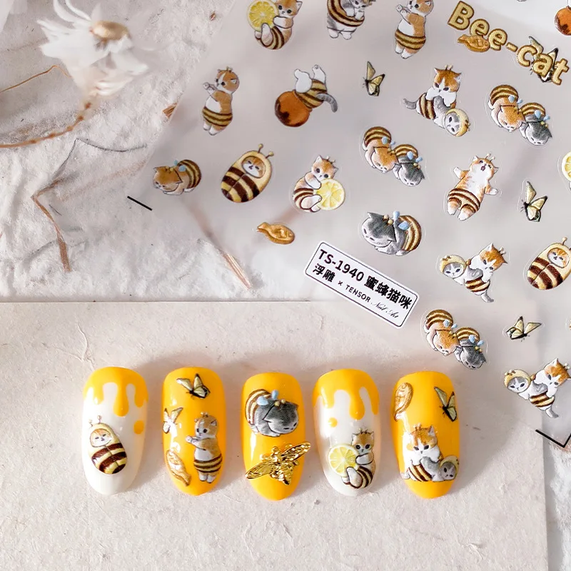 1 Sheet 5D Realistic Relief Cute Lovely Naughty Bee Baby Cat Adhesive Nail Art Stickers Decals Manicure Charms Accessories