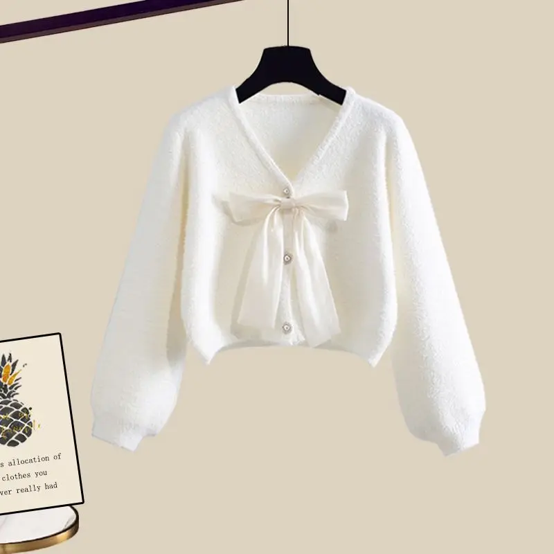 Korean Style Bow Knit Sweater Cardigan Casual Wide Leg Pants Two-piece Elegant Women\'s Pants Set Winter Tracksuit