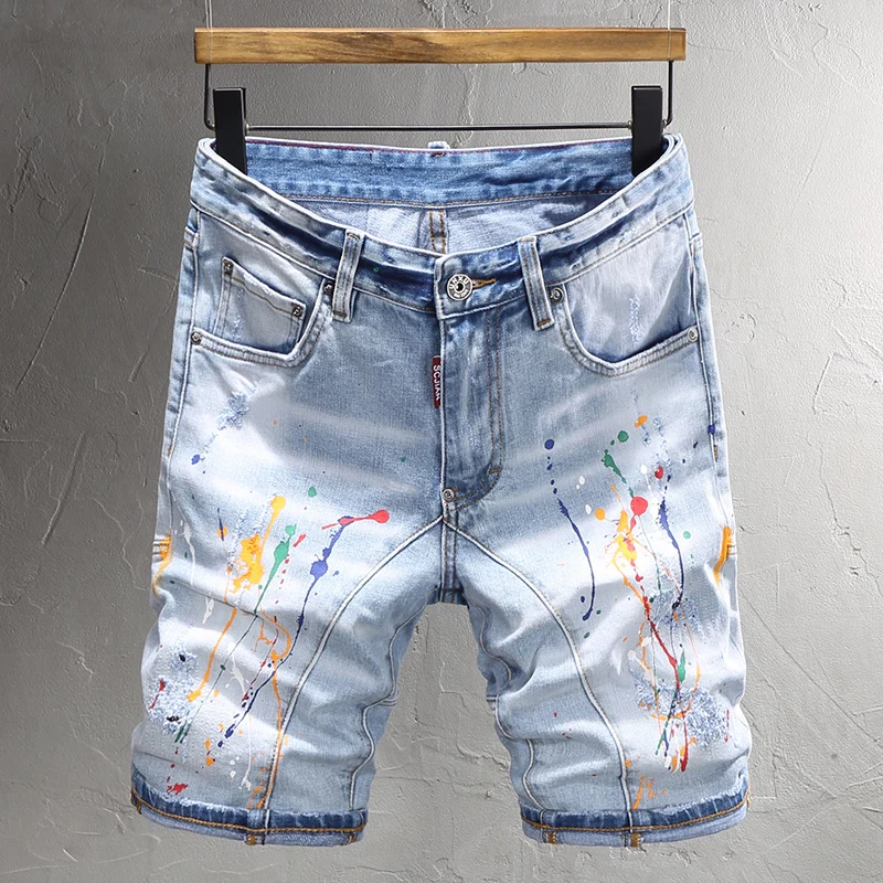 Street Fashion Men Jeans Summer Designer Retro Light Blue Elastic Ripped Short Jeans Painted Spliced Hip Hop Denim Shorts Men