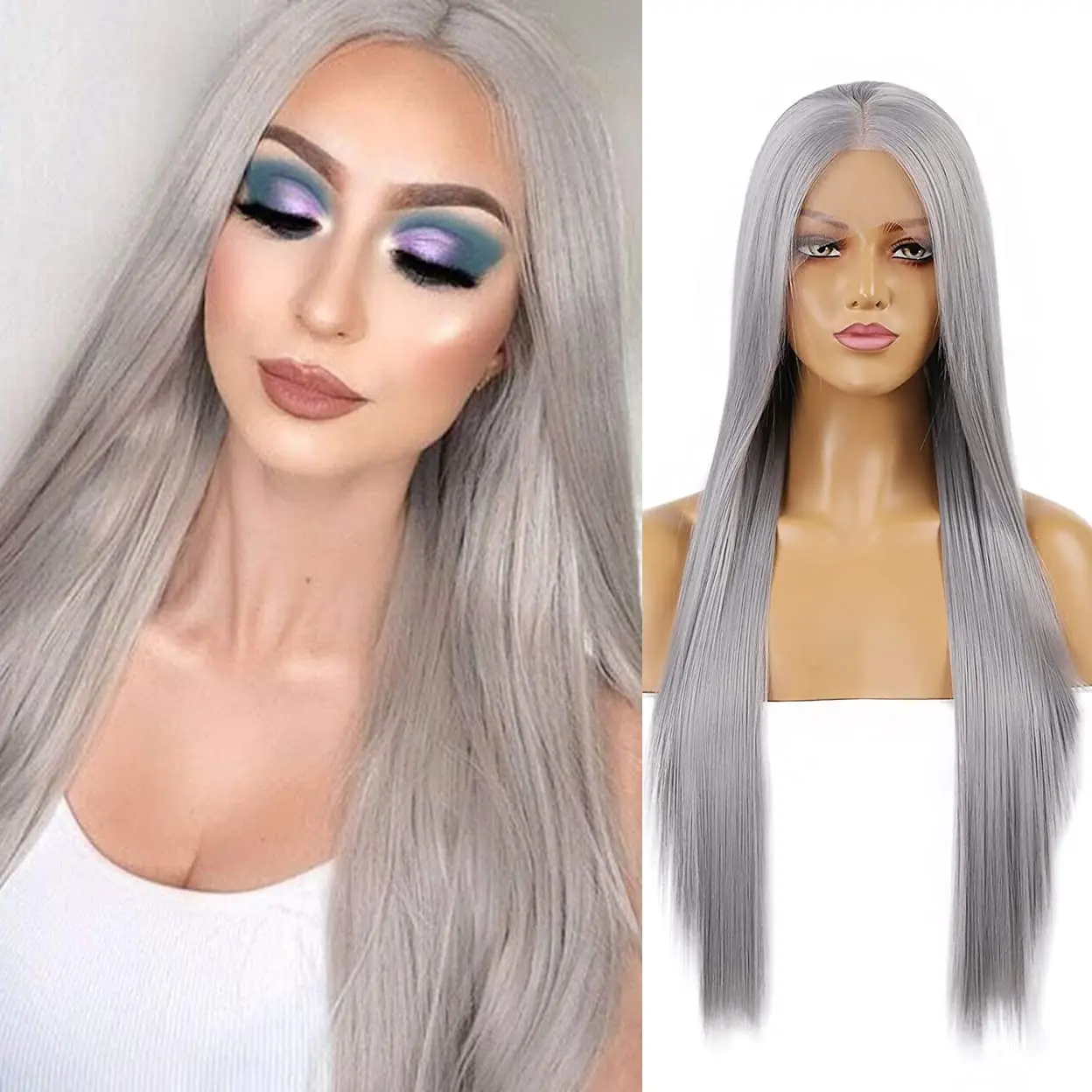 

Silver Lace Front Wigs Middle Part Long Silky Straight Synthetic Hair Wigs for Women Girls Light Grey Lace Wig Daily Use Cosplay