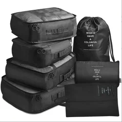 7-Piece Travel Organizer Set with Folding Storage Bags and Packing Cubes (7pcs Black)