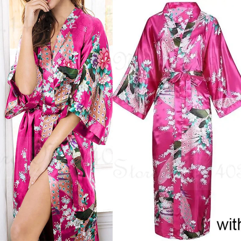 Large Size 3XL Flower Kimono Bathrobe Gown Women Long Robe Nightgown Print Peacock Satin Sleepwear Home Dress Loose Loungewear women sleepwear women dress