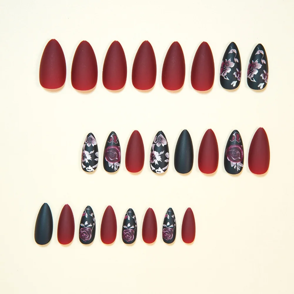 24개 가을 겨울 무광 아몬드 모양 인조 손톱 (글루 포함) 장미잎 프린팅 네일아트 심플 풀커버 프레스온 아크릴 네일 팁