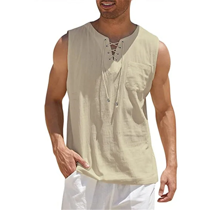 Mens Cotton Linen Sleeveless Vest Summer Tank Top