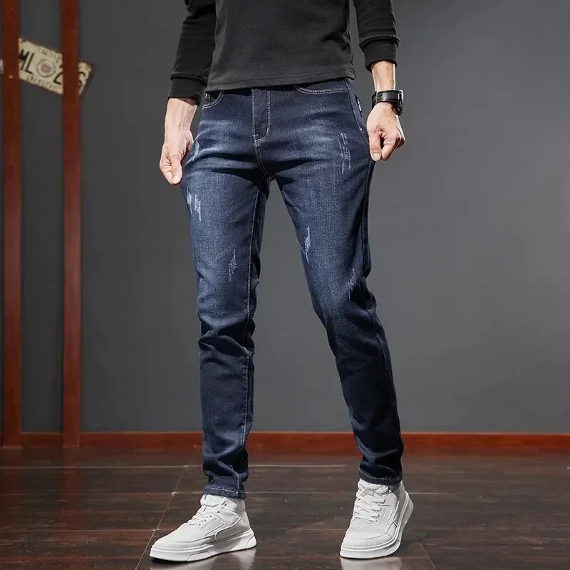 

Outdoor Elastic Soft Men Jeans Slim Fit Warm Comfortable Versatile Straight Crotch Pants Fleece Lining Casual Long Pants