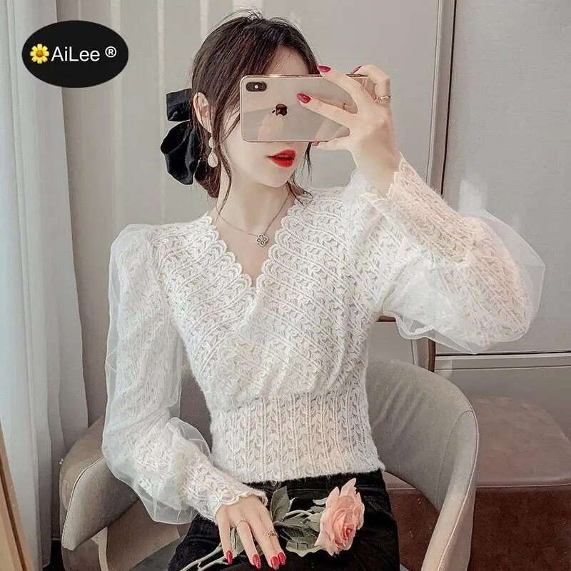 Super Fairy Short High Street Blouse Women Lantern Long Sleeve Pullover V Neck Tops Lace Crochet Party Date Dinner Banquet Shirt european and american super hot devil pattern pants printed jeans high street hip hop versatile loose vintage blue denim pants