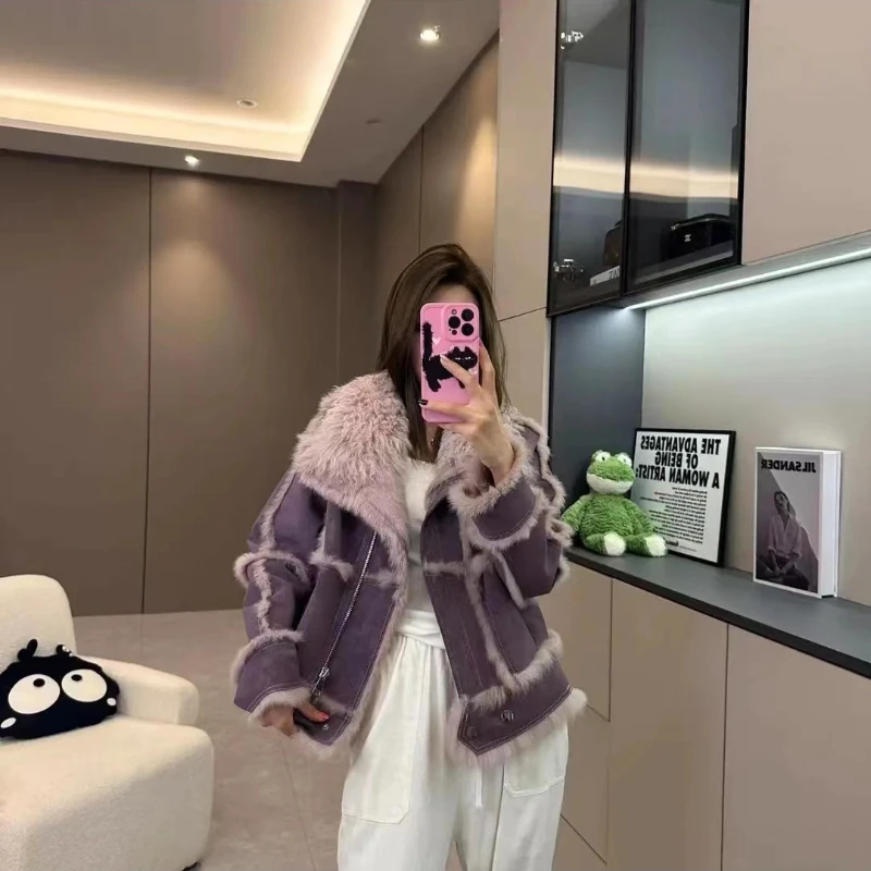 2023 New Leather Rabbit Fur One Thick Female Coat Lamb Collar Slim-fit Leather Fur Overcoat Women Outwear Women Winter Jacket