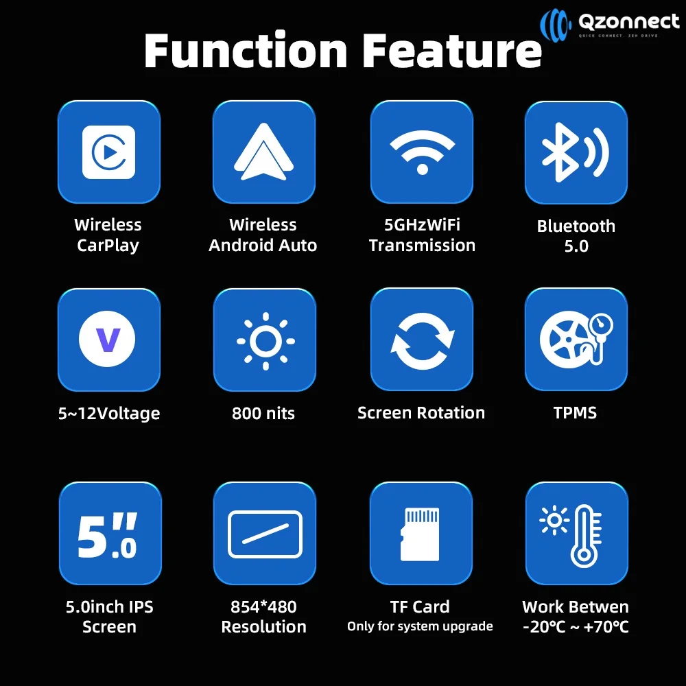 Qzonnect 5인치 회전식 수직/수평 오토바이 스크린 무선 CarPlay 안드로이드 오토 폰 연결 (독립 GPS 없음)