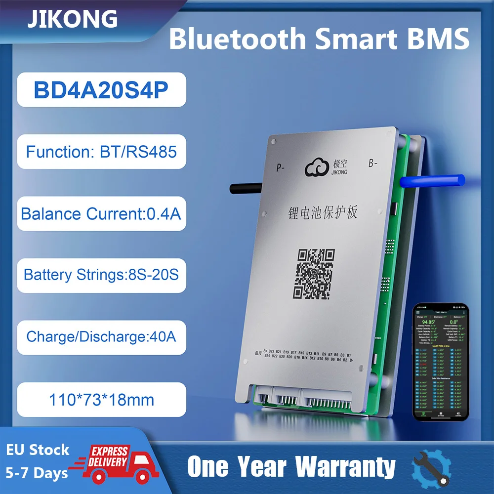 

Аккумуляторная батарея Smart JKBMS Active balance 0.4A lifepo4, внешний аккумулятор 8S 16S 17S 20S 18650 с поддержкой BT/APP RS48510A 20A 30A 40A