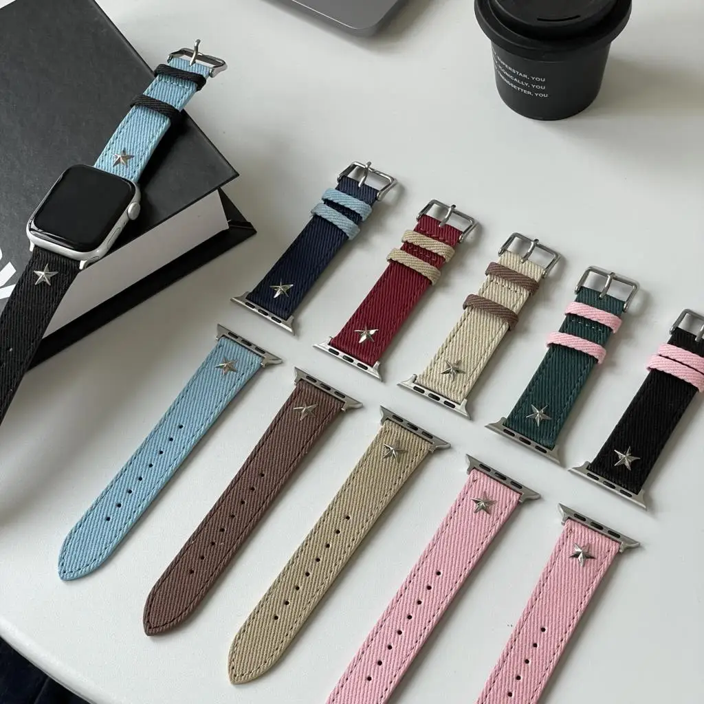 

Tiny Spot Denim Canvas Band For Apple Watch 7 8 SE 6 5 4 Cute Girl Leather Strap For iwatch 41mm 38mm 45 42 44 41 40mm