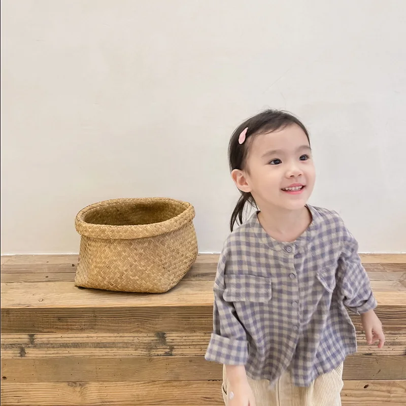 여아용 체크 무늬 면 셔츠, 긴 소매 가디건 셔츠, 라운드 넥, 루즈 블라우스, 아동복, E21507, 가을 신상