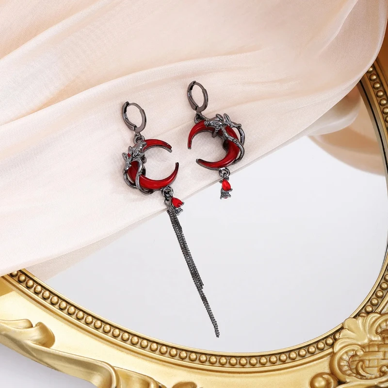 Asymmetry Red Moon Rose Earrings Women European American Style Personality Crystal Drop Pendant Earrings Jewelry Gift