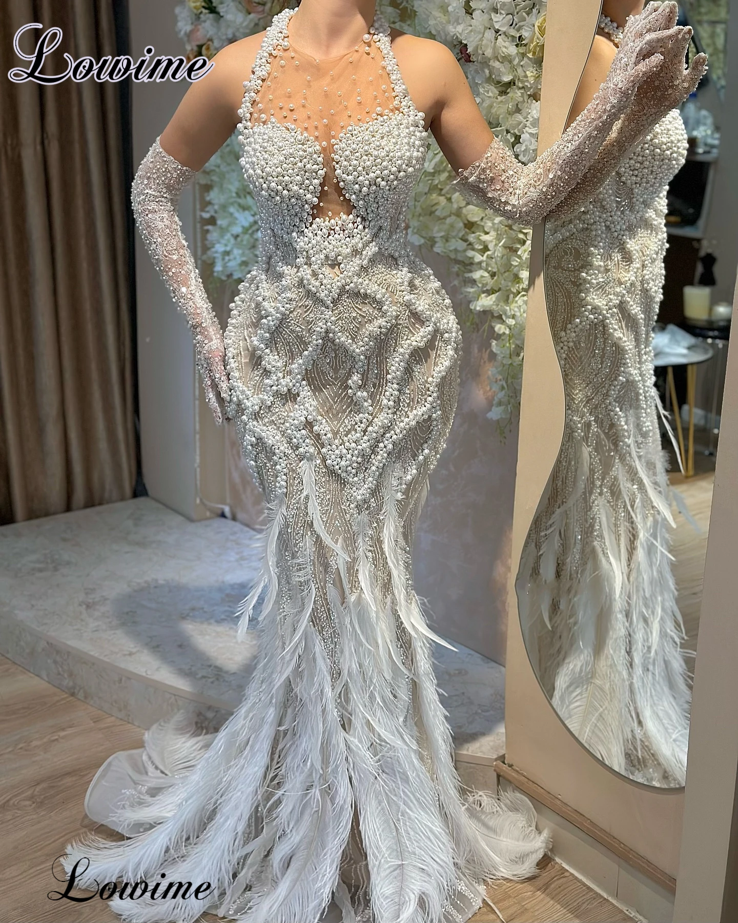 Luxury Cream Color Celebrity Dresses Mermaid Pearls Evening Dresses with Feathers Vestidos de