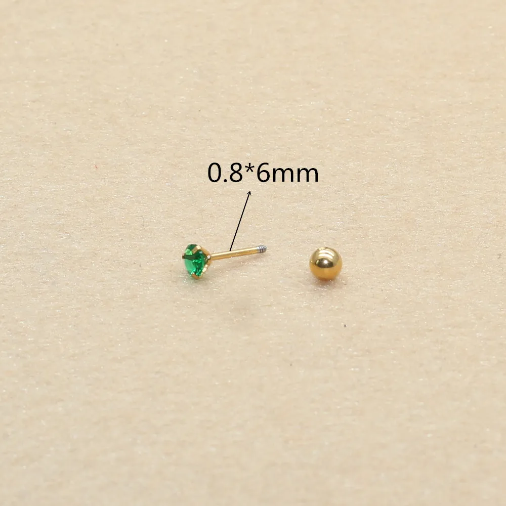 Size From 2mm to 5mm Stainless Steel Green Red Color Round Stond Screw-Back Stud Earrings No Fade Allergy Free Brief Jewelry