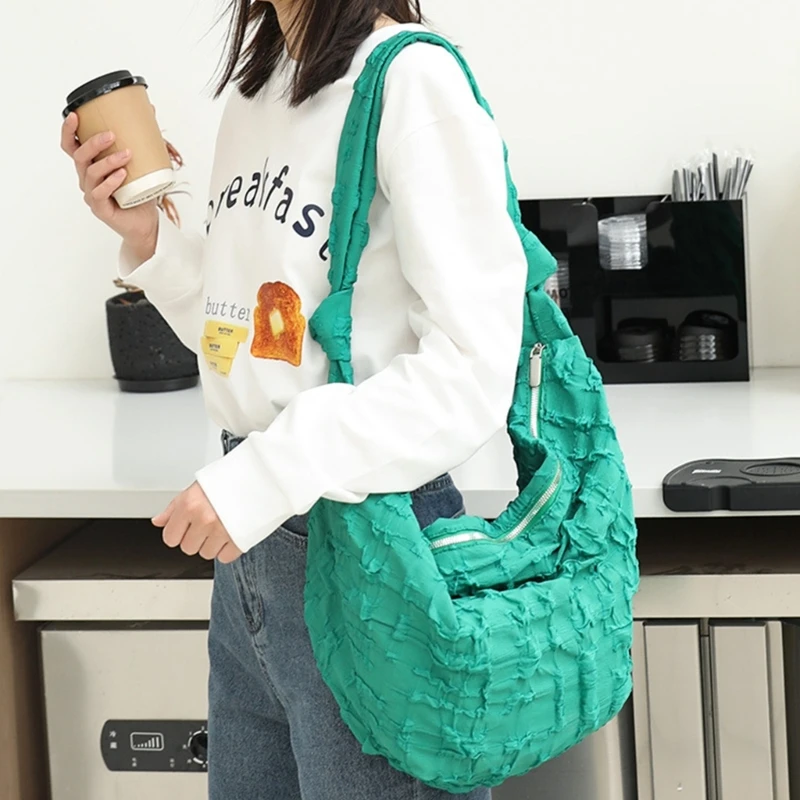 Women Canvas Shoulder Bag Ruched Handbag Pleated Solid Zippered Crossbody Bag E74B