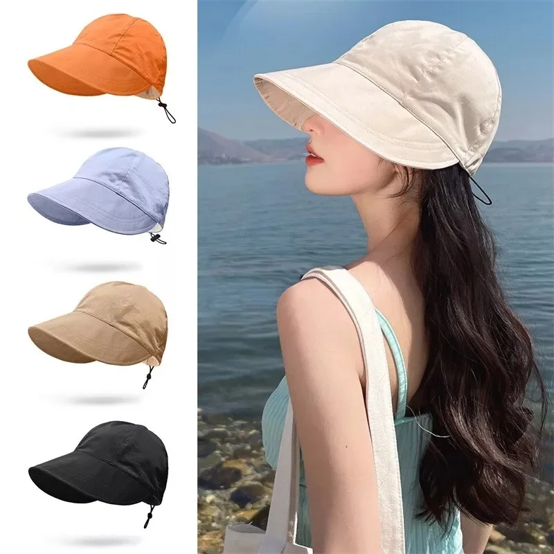 Foldable Sunhat Summer Outdoor Beach Fisherman Hat Sunscreen Protection Cap Adjustable Cotton Wide Brim Bucket Caps for Women