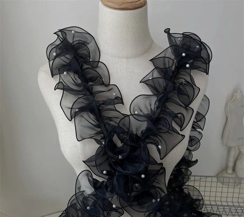 Rosa weiß blau bunte Organza plissierte Spitzen be sätze Band Stoff Applikation Falte Rüschen mit Perlen DIY Näh zubehör Handwerk – Detail 2