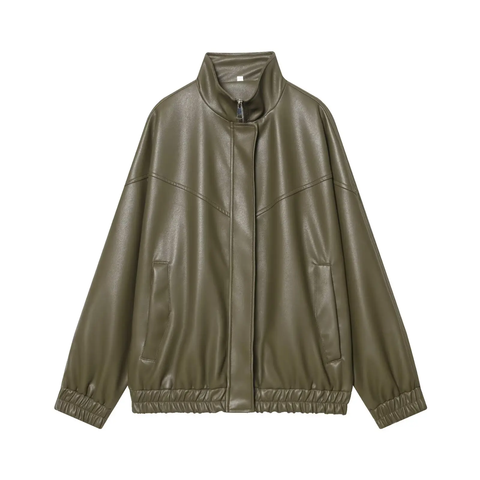 Street PU Leather Women Jacket Y2k Green Long Sleeve Zippers Pocket Female Bomber Jackets Coat 2026 Spring Lady New Outwear ﻿