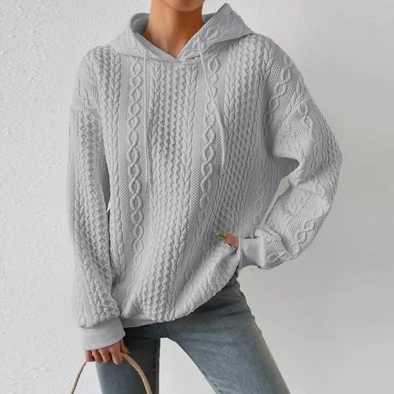 Women's Oversized Medium Weight Long Sleeve Solid Color Hoodie with Drawstring Casual Mid-Length Jacquard Women's Sweatshirt