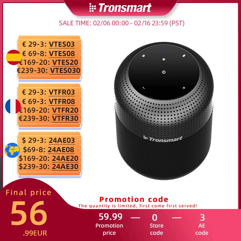 Altoparlante Bluetooth Tronsmart T6 Max Altoparlante Home Theater Da 60W Con Tempo Di Riproduzione 20 Ore, Ipx5, Nfc, Stereo True Wireless, Assistente
