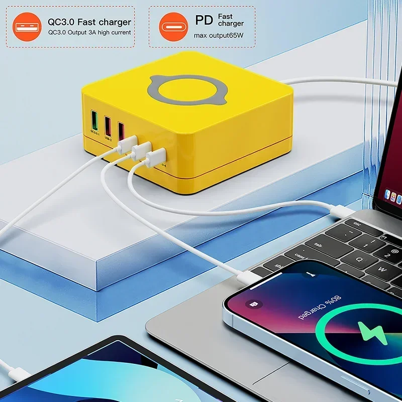 140W 6 Ports USB Phone Charger Station Fast Wireless Charging Stand QC PD3.0 65W Quick Charge for Laptop Tablet iPhone Samsung Xiaomi