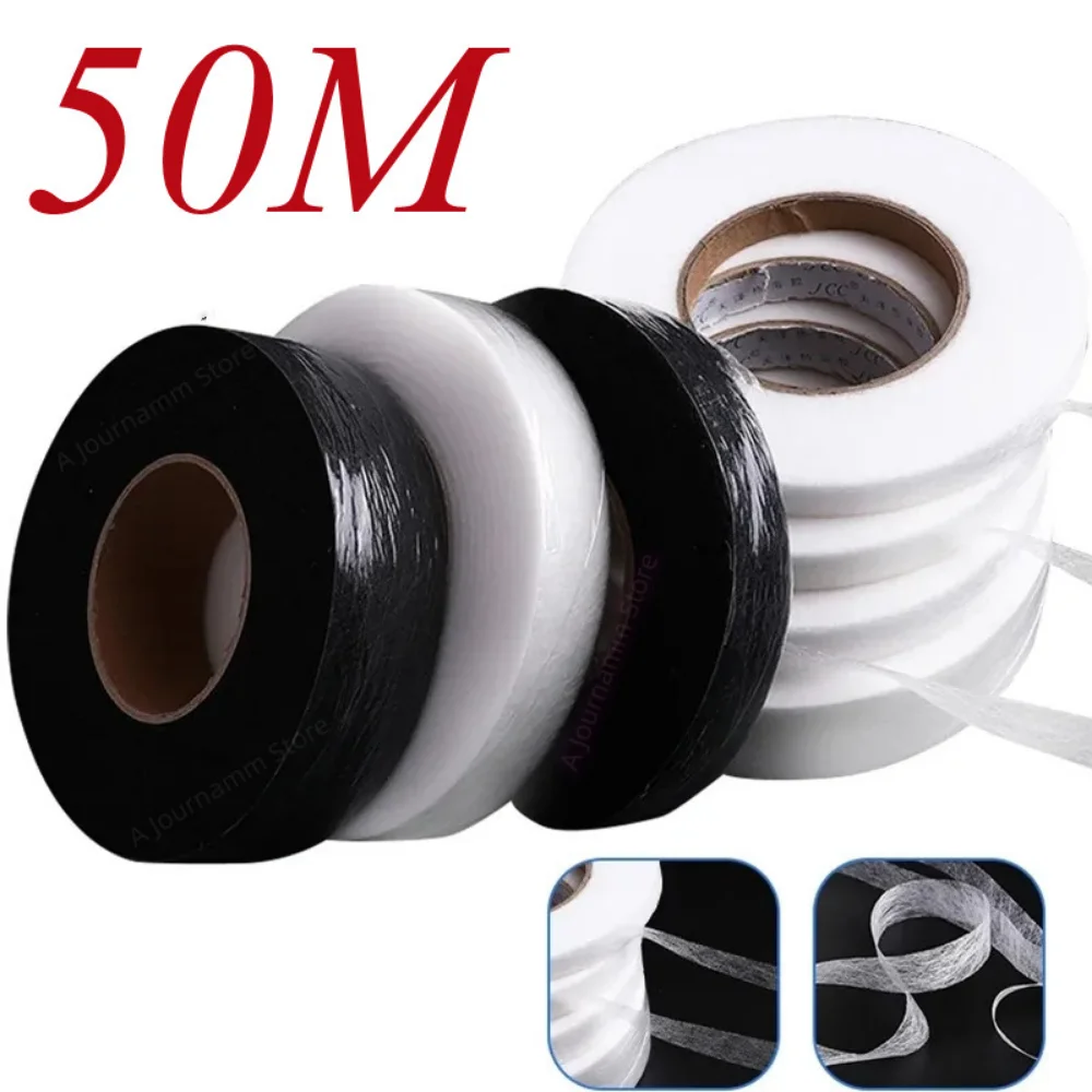 50 m/rotolo tessuto Non tessuto Interlining tessuto adattivo Double Sided cucito fai da te tessuto di ferro tessuto fusibile ferro sul nastro dell'orlo nero/bianco