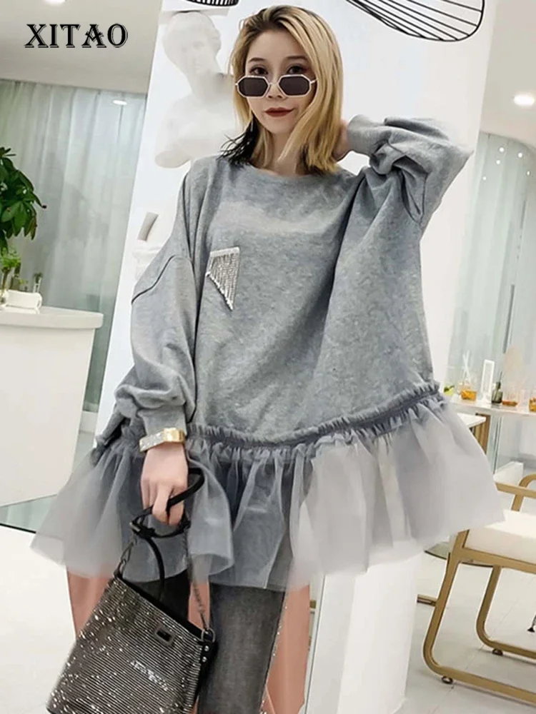 XITAO Tide Patchwork Mesh Pleated Sweatshirt Diamonds Women Clothes 2019 Elegant Fashion Pullover Top Autumn Korean  WQR1548