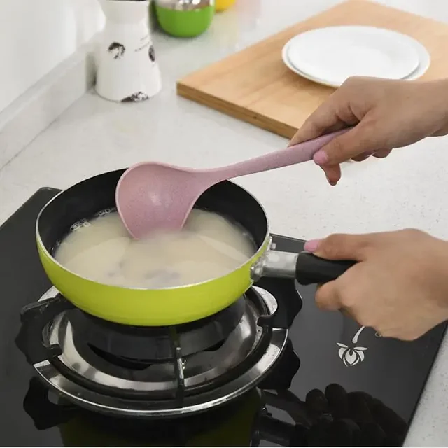 Stoviglie Mestolo per zuppa di paglia di grano 4 colori Manico lungo Zuppa Cucchiaio di riso Pasto Piatti Palette Forniture da cucina Strumento di cottura 6