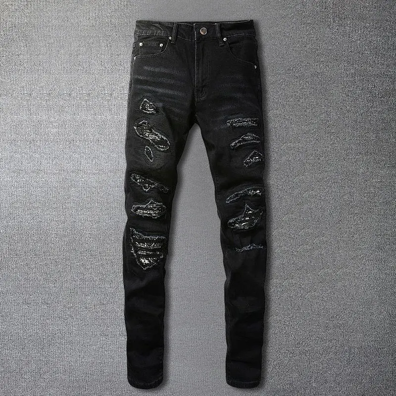 

Patchwork Stretch Pants Jean Noir Homme Men Black White Contrast Color Pleated Patch Denim Jean Ripped Skinny Trouser Streetwear